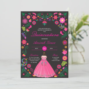 Invitación a la Quinceañera del bordado negro y de