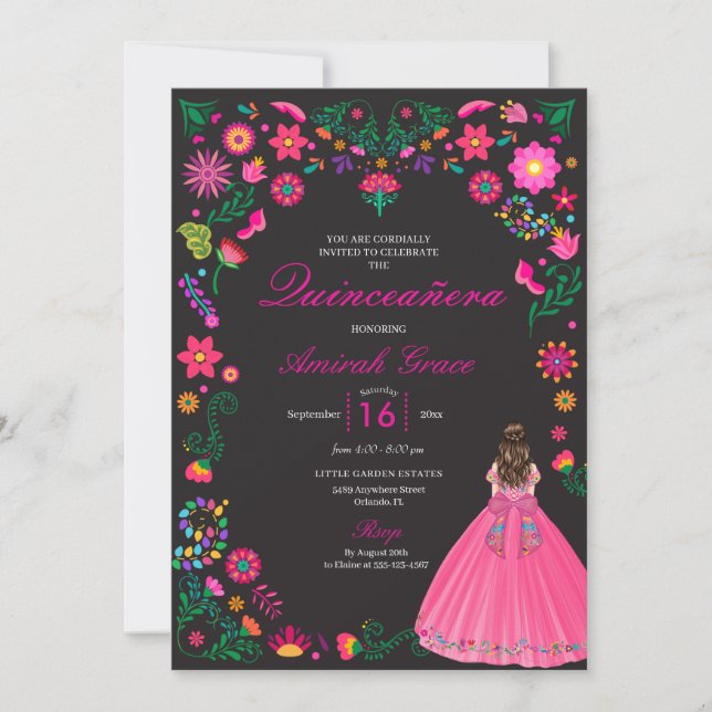 Invitación a la Quinceañera del bordado negro y de (Anverso)