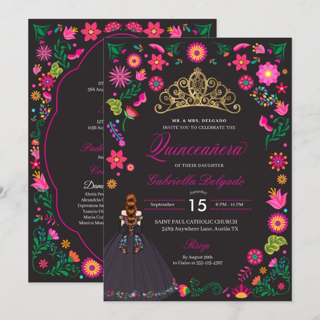 Invitación a la Quinceañera del bordado otomí mexi (Anverso / Reverso)