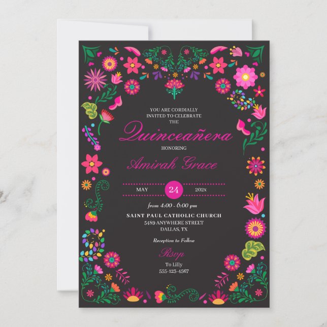 Invitación a la Quinceañera del bordado otomí mexi (Anverso)