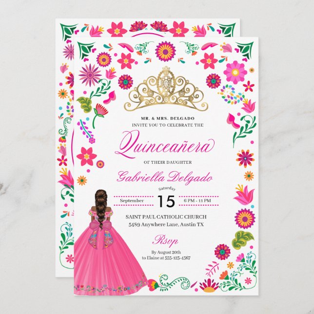 Invitación a la Quinceañera del bordado otomí mexi (Anverso / Reverso)