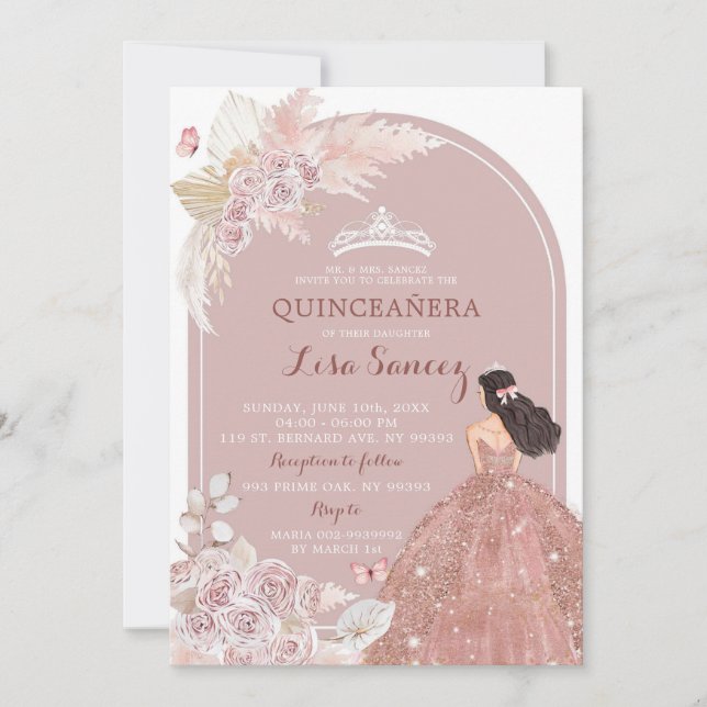 Invitación a la Quinceañera del Rubor Pink Boho Pa (Anverso)