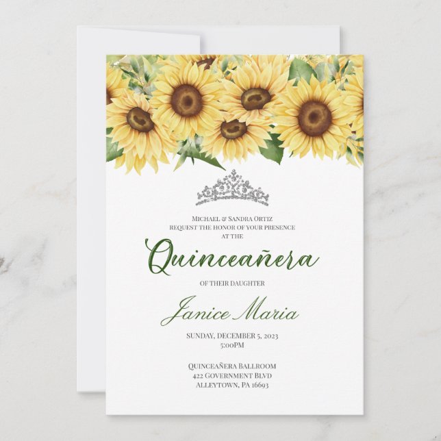 Invitación a la Quinceañera del Tiara del girasol (Anverso)