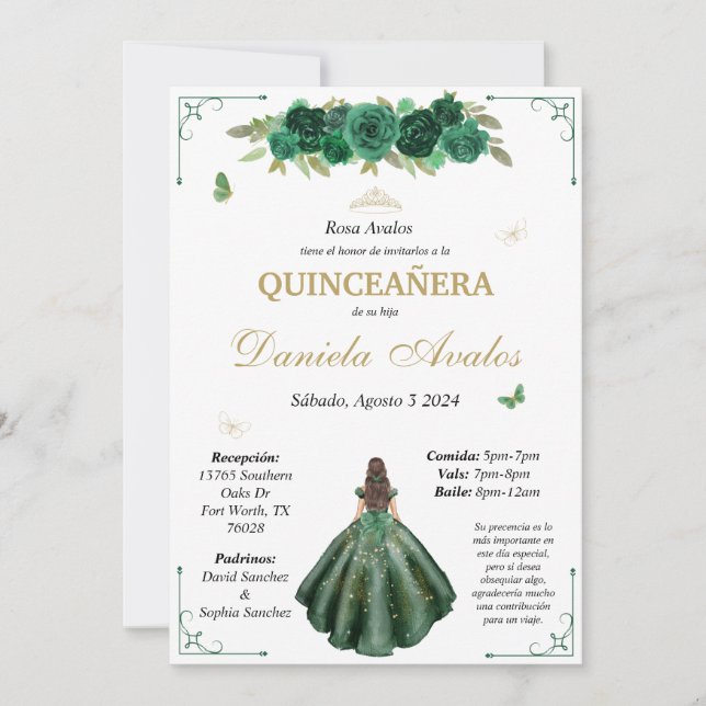 Invitación a la Quinceañera Esmeralda en español (Anverso)