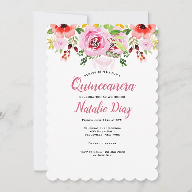 Invitación a la Quinceañera floral acuarela (Anverso)