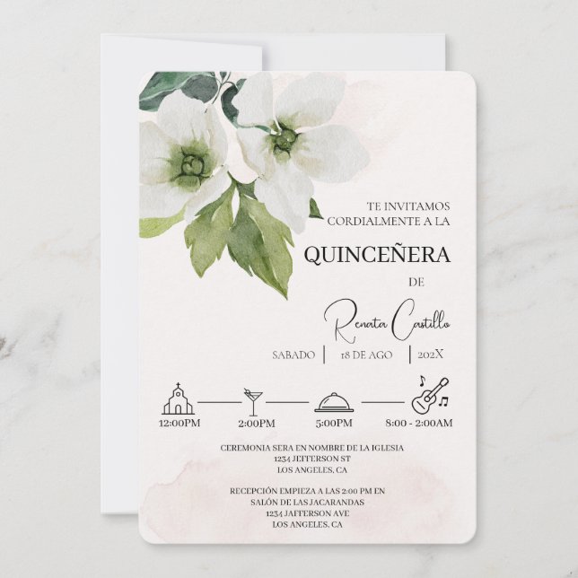 Invitación a la quinceañera floral blanca (Anverso)