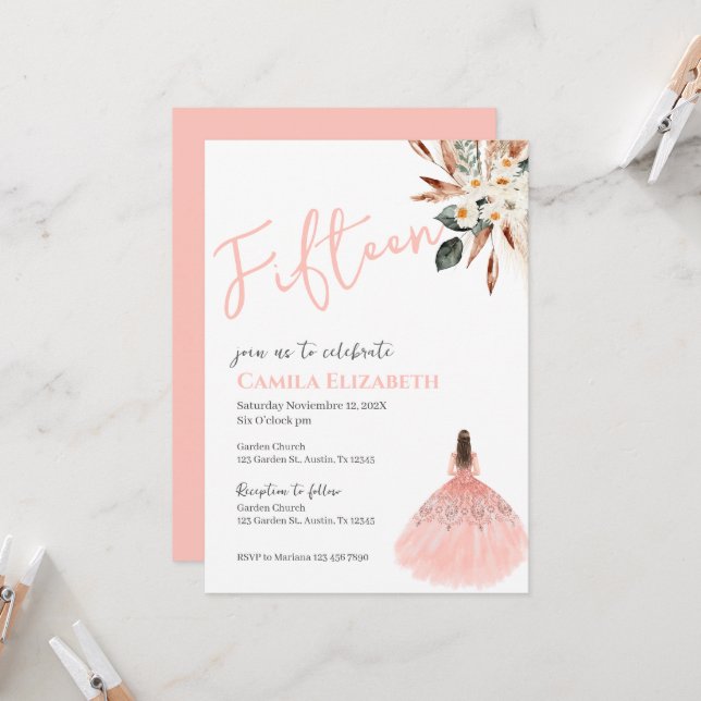 Invitación a la Quinceañera floral Boho (Anverso/Reverso In Situ)