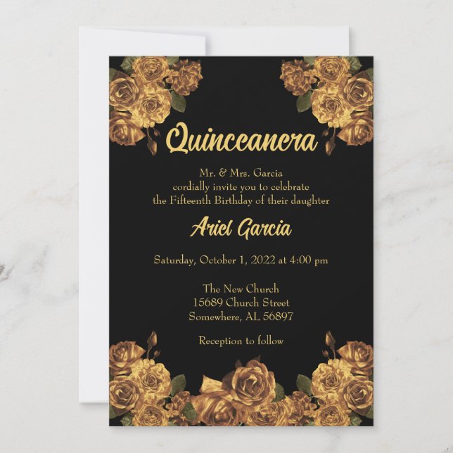 Invitación a la Quinceanera floral de color negro  (Anverso)