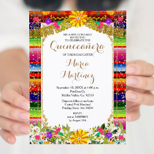 Invitación a la Quinceañera floral de oro mexicana