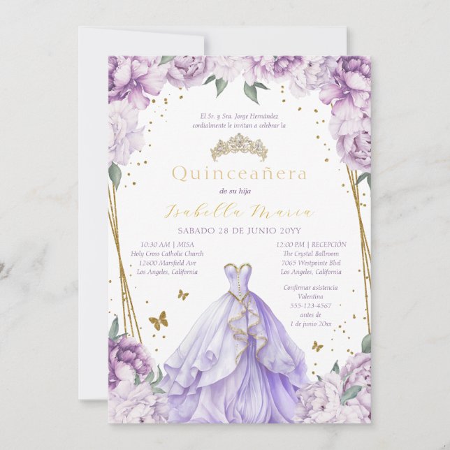 Invitación a la Quinceañera floral púrpura en espa (Anverso)