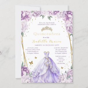 Invitación a la Quinceañera floral púrpura en espa