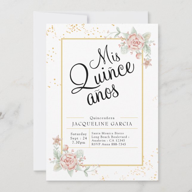 Invitación a la Quinceañera floral rosa de Mis Qui (Anverso)