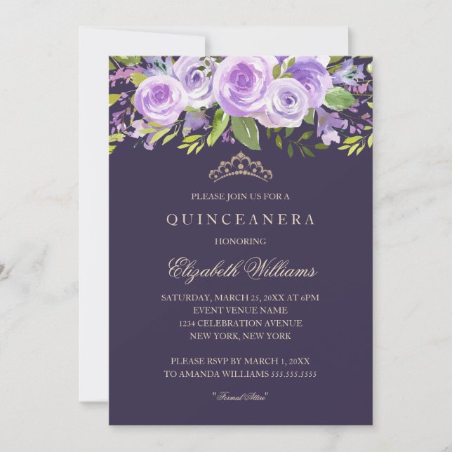 Invitación a la Quinceanera floral Rosa Lavender (Anverso)