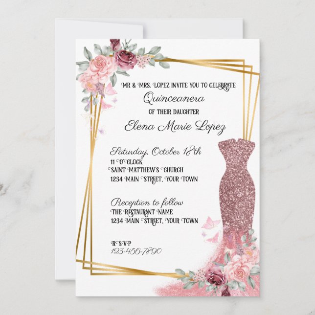 Invitación a la Quinceanera floral rosa Rubor (Anverso)