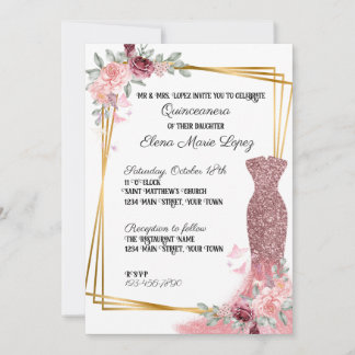 Invitación a la Quinceanera floral rosa Rubor