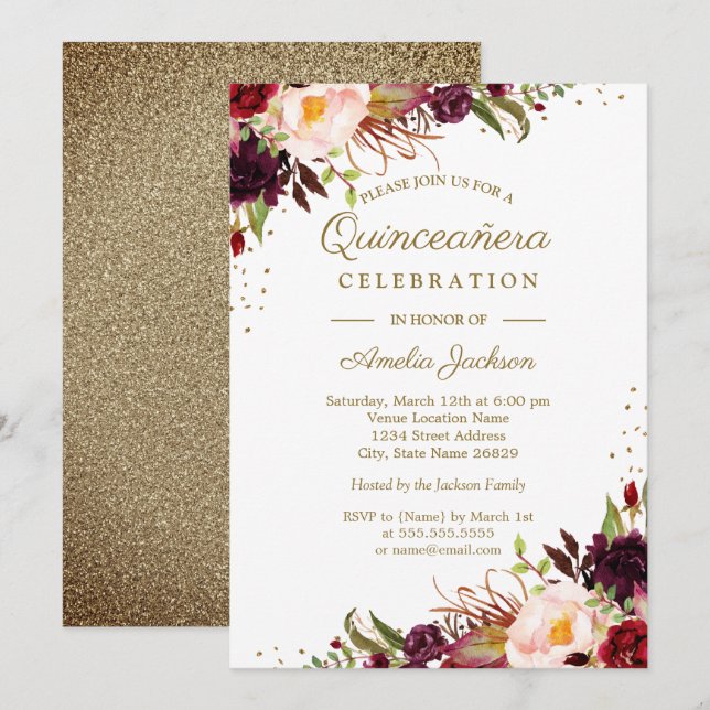 Invitación a la Quinceanera Gold Floral de Borgoña (Anverso / Reverso)