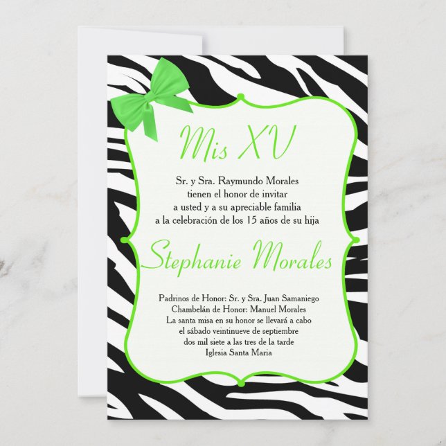 Invitación a la Quinceañera Lime Green Bow y Zebra (Anverso)