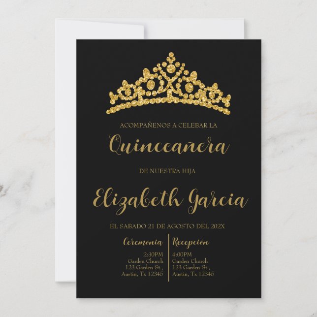 Invitación a la quinceañera negra y dorada (Anverso)