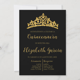 Invitación a la quinceañera negra y dorada