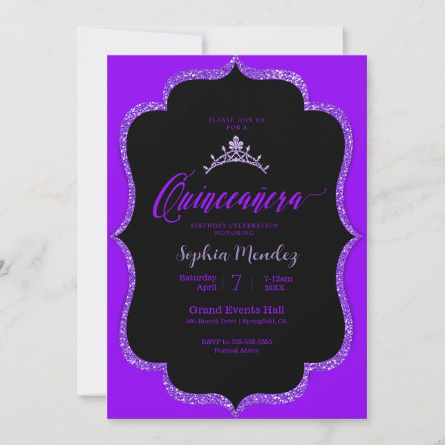 Invitación a la quinceañera negra y púrpura (Anverso)