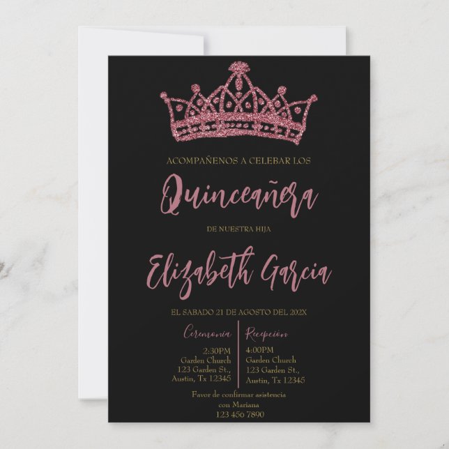Invitación a la quinceañera negra y rosa (Anverso)