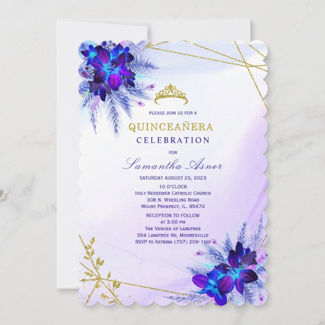 Invitación a la Quinceañera Orquídea Púrpura y Azu (Anverso)