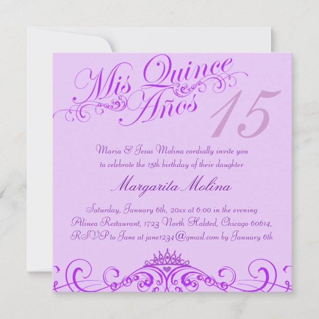 Invitación a la quinceañera púrpura de la princesa (Anverso)