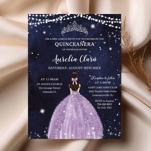 Invitación a la Quinceañera Púrpura Noche Starry L (starry-night-under-the-stars-purple-lilac-dress-silver-quinceanera-sweet-16-invitation-magnetic-card)