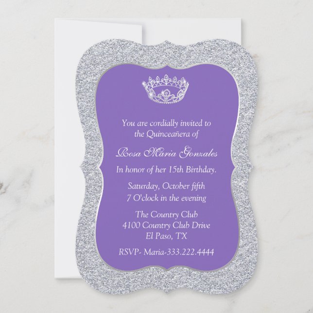 Invitación a la Quinceañera Púrpura y Plata de Mod (Anverso)