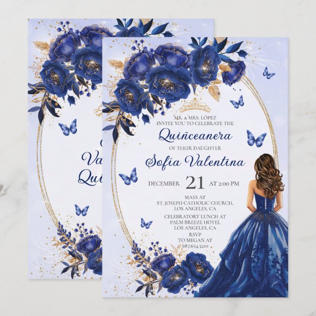 Invitación a la Quinceañera Real Azul y Oro (Anverso / Reverso)
