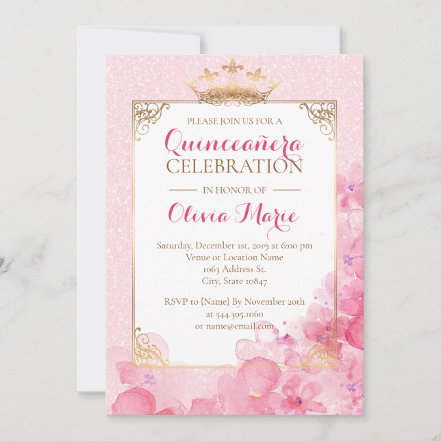 Invitación a la Quinceañera Real Rosa y Oro (Anverso)