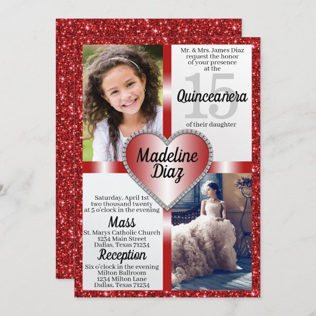 Invitación a la Quinceañera Roja de Ruby 15 cumple (Anverso / Reverso)