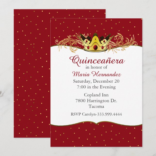 Invitación a la quinceañera roja y dorada (Anverso / Reverso)