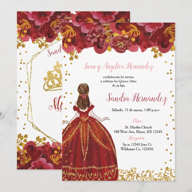 Invitación a la quinceañera roja y dorada (Anverso / Reverso)