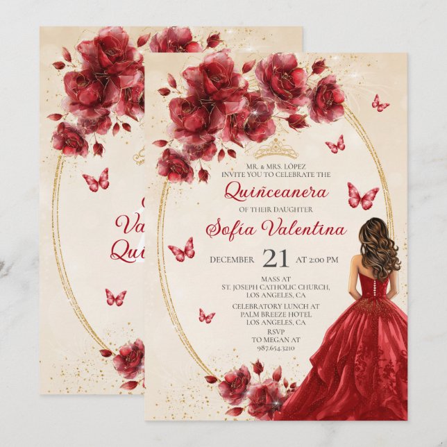 Invitación a la Quinceañera Roja y Gold (Anverso / Reverso)