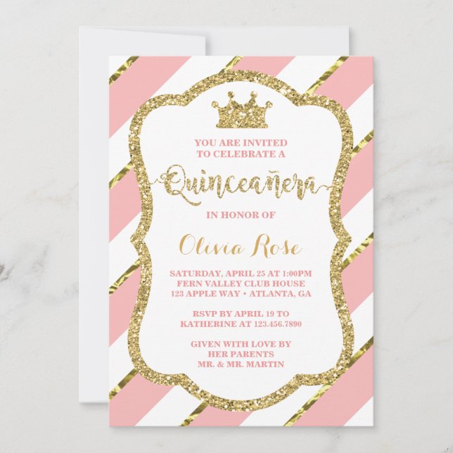Invitación a la quinceañera, rosa, oro, corona (Anverso)