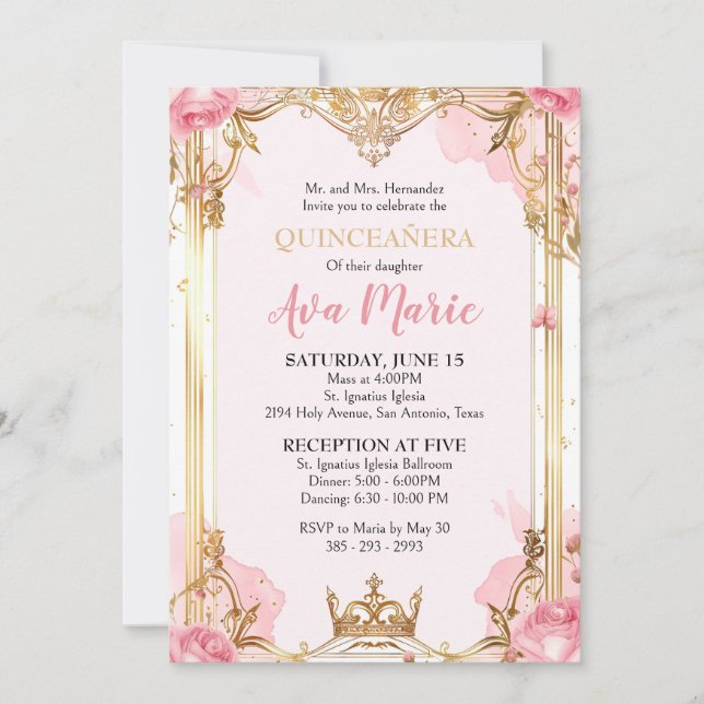 Invitación a la quinceañera rosa y dorada (Anverso)