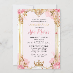 Invitación a la quinceañera rosa y dorada