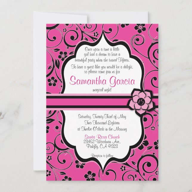 Invitación a la quinceañera rosa y negra, dulce 15 (Anverso)