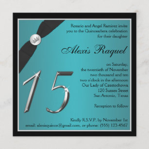 Invitación a la quinceañera Verde azulada y negra