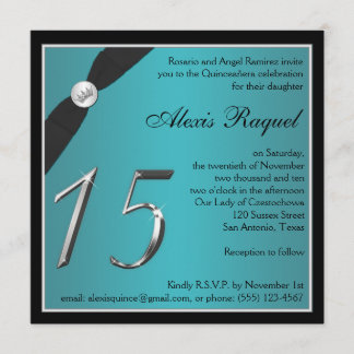 Invitación a la quinceañera Verde azulada y negra