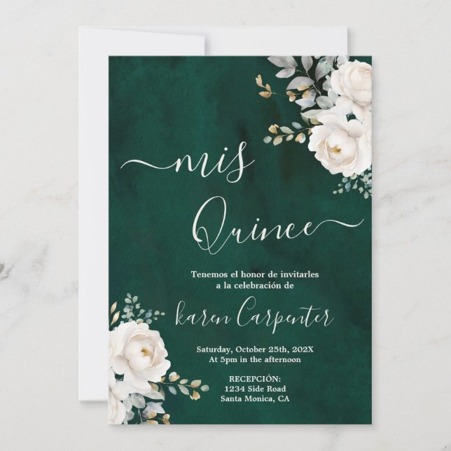 Invitación a la Quinceanera verde esmeralda (Anverso)