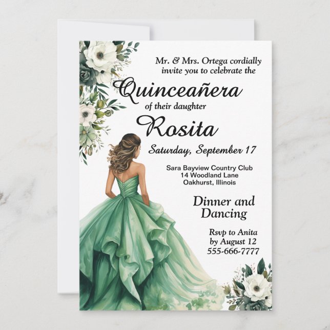 Invitación a la Quinceanera verde esmeralda (Anverso)