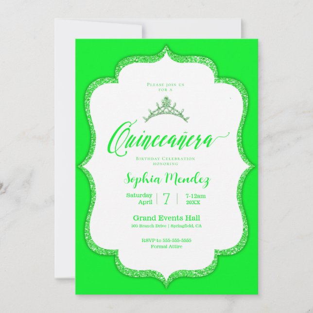 Invitación a la Quinceanera verde esmeralda (Anverso)