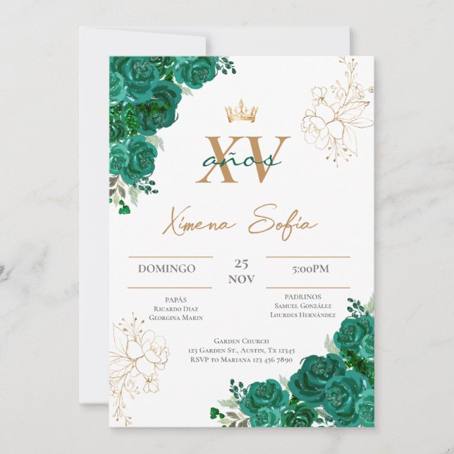 Invitación a la Quinceanera verde esmeralda (Anverso)