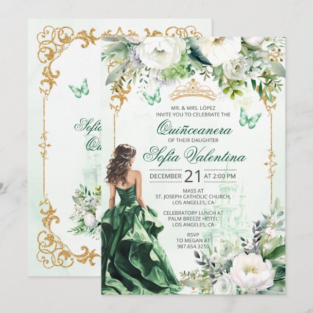 Invitación a la Quinceañera verde esmeralda (Anverso / Reverso)