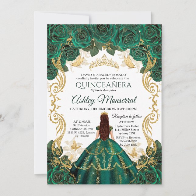 Invitación a la Quinceañera verde esmeralda | Coro (Anverso)