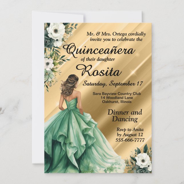 Invitación a la Quinceañera Verde Esmeralda latina (Anverso)