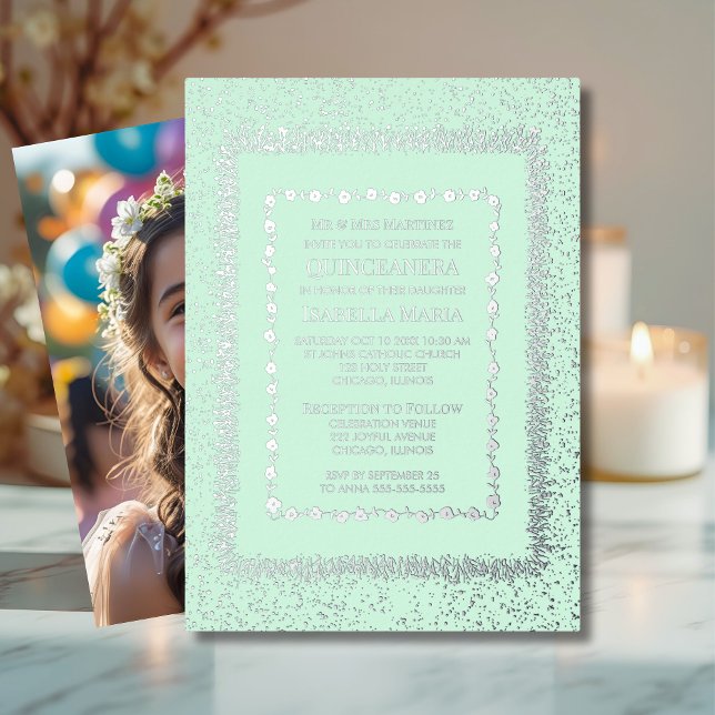 Invitación a la Quinceañera verde sabio Glam Spark (Subido por el creador)