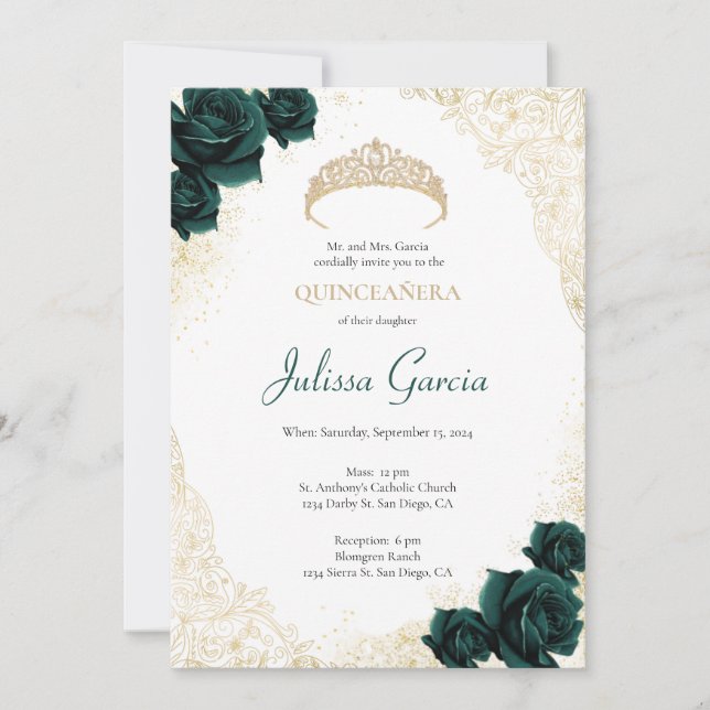 Invitación a la quinceañera verde y oro esmeralda (Anverso)